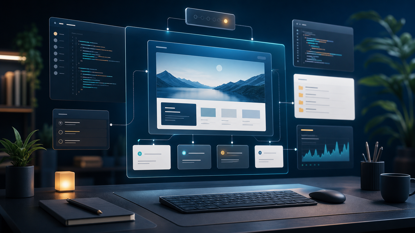 A futuristic workspace showing connected apps and code